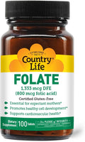 Country Life Folate 800 mcg , Supports Healthy Cell Development & Heart Health, Prenatal Support for Women, 100 Tablets, Certified Gluten-Free, Vegetarian, Kosher