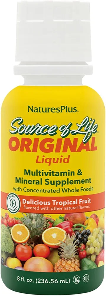 NaturesPlus Source of Life Liquid, Tropical Fruit - 8 fl oz - Multivitamin & Mineral Supplement - Gluten Free, Vegetarian - 8 Servings
