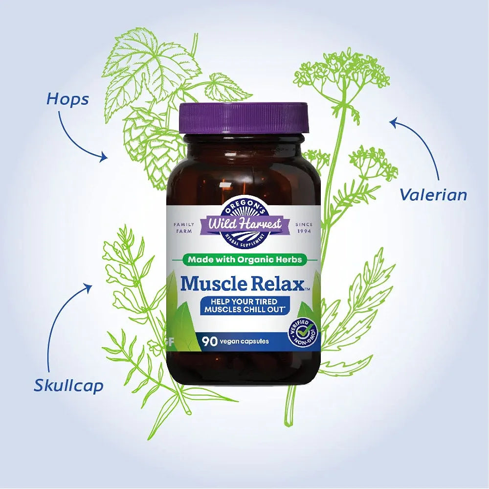 Oregon's Wild Harvest Muscle Relax Organic Herbal Supplement Vegan Capsules with Valerian, Hops and Skullcap - 90 Count