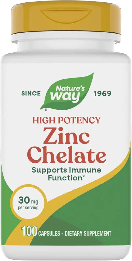 Nature's Way Zinc Chelate, Zinc Supplements, Supports Immune Function*, 30 mg per Serving, 100 Capsules 