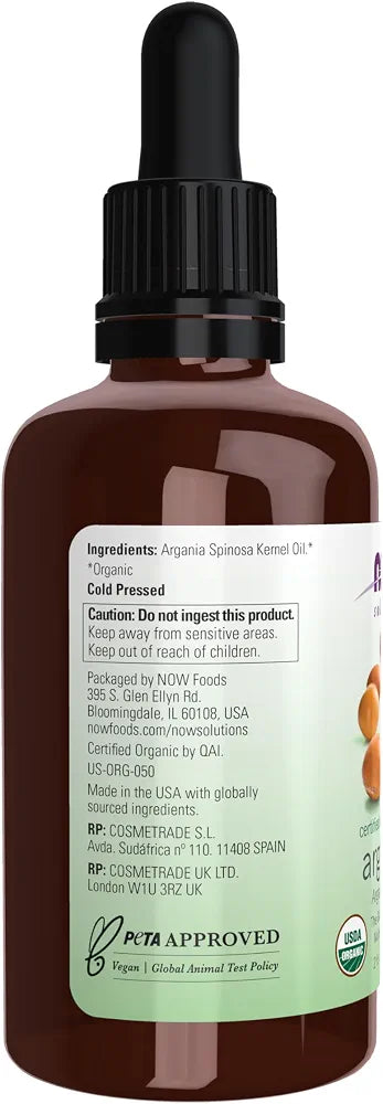 NOW Foods Solutions, Organic Argan Oil, Certified Organic and 100% Pure, "Gold of Morocco" Multi-Purpose Oil, 2-Ounce