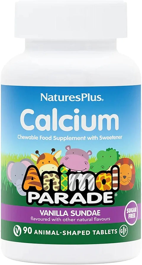 Nature's Plus Animal Parade Sugar-Free Children's Calcium Supplement - Vanilla Sundae Flavour - 90 Chewable Animal Shaped Tablets – Whole Foods - Gluten Free - 45 Servings