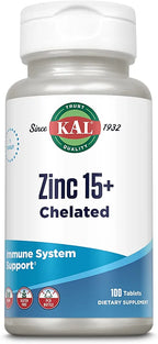KAL Zinc 15mg Plus Betaine HCl and Trace Minerals - Zinc Supplements for Men and Women - Immune Support, Cellular Function, Skin Health Support - Vegan, Gluten Free, Ideal for Daily Use - 100 Tablets