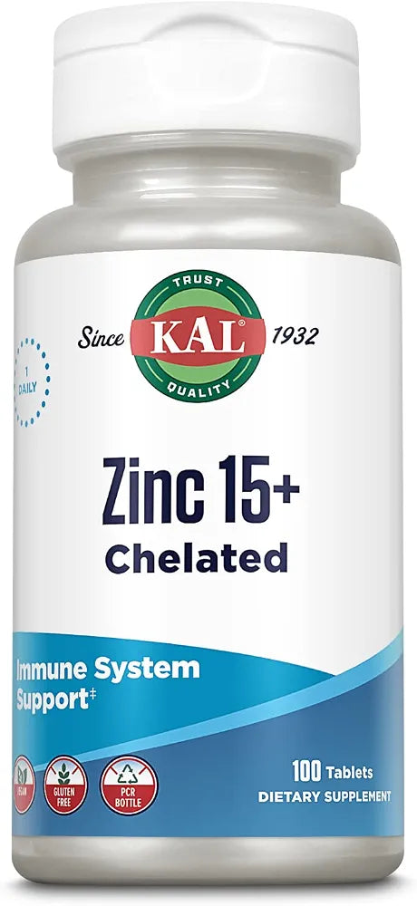 KAL Zinc 15mg Plus Betaine HCl and Trace Minerals - Zinc Supplements for Men and Women - Immune Support, Cellular Function, Skin Health Support - Vegan, Gluten Free, Ideal for Daily Use - 100 Tablets