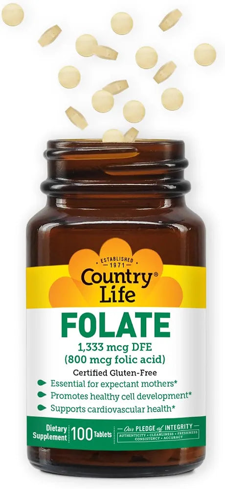 Country Life Folate 800 mcg , Supports Healthy Cell Development & Heart Health, Prenatal Support for Women, 100 Tablets, Certified Gluten-Free, Vegetarian, Kosher