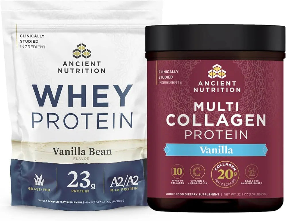 Ancient Nutrition Grass-fed Whey Protein Powder, Vanilla Bean, 35 Servings + Multi Collagen Protein Peptides Powder, Vanilla, 60 Servings