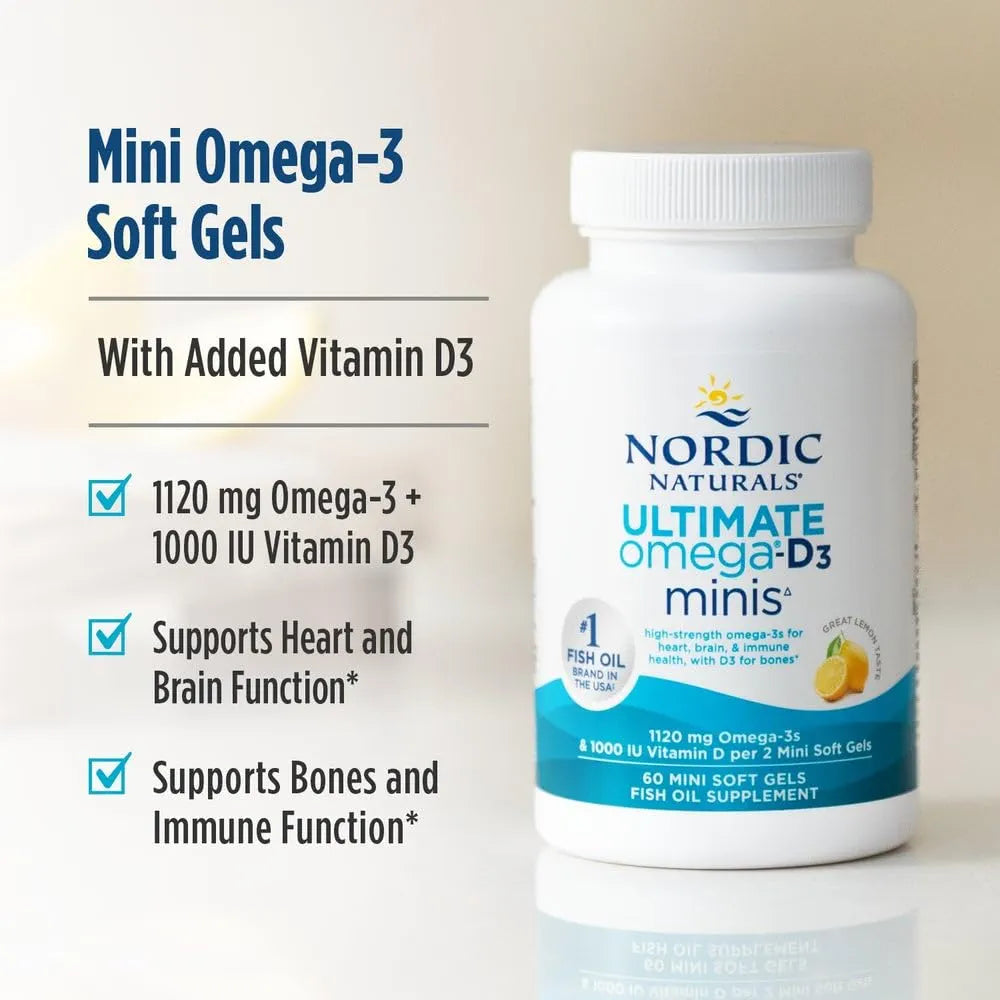 Nordic Naturals Ultimate Omega Mini D3, Lemon Flavor - 60 Mini Soft Gels - 1120 mg Omega-3 + 1000 IU Vitamin D3 - EPA & DHA - Promotes Brain & Heart Health - 30 Servings