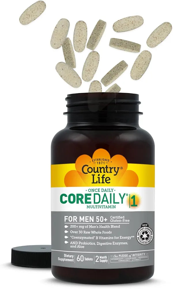 Country Life CORE Daily-1 Multivitamin for Men 50+ - Gluten-Free, Energy Support with Coenzymated B Vitamins, Probiotics, Whole Food and Digestive Enzymes, Certified Gluten Free, 60 Tablets