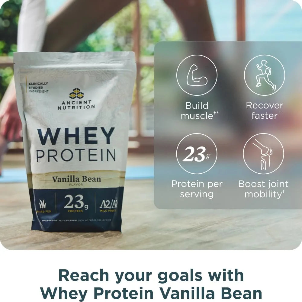 Ancient Nutrition Grass-fed Whey Protein Powder, Vanilla Bean, 35 Servings + Multi Collagen Protein Peptides Powder, Vanilla, 60 Servings