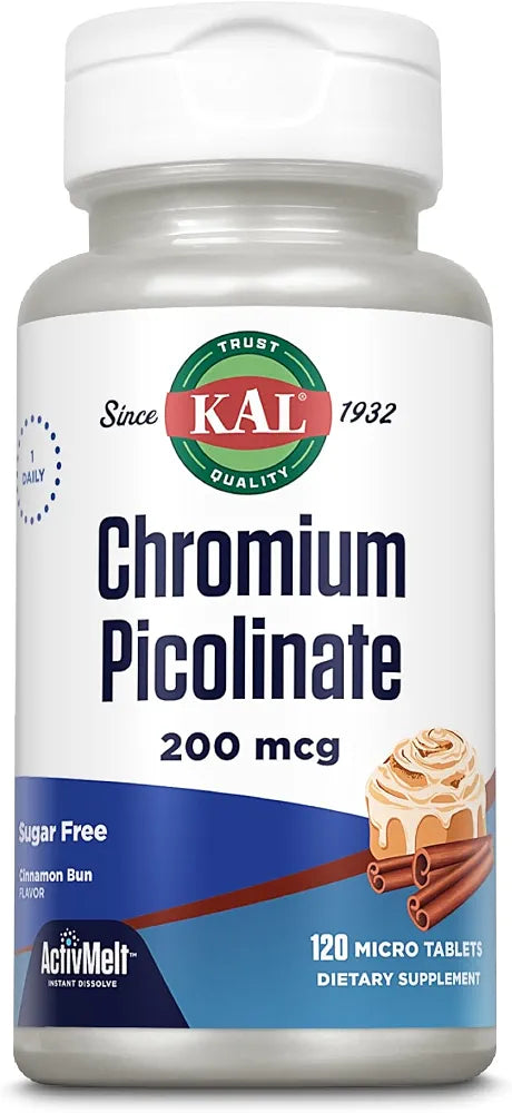 KAL Chromium Picolinate 200mcg Supplement, Healthy Metabolism Support, Fast Dissolving ActivMelts for Enhanced Absorption, Vegetarian, Sugar Free, Cinnamon Bun Flavor, 120 Servings, 120 Micro Tablets