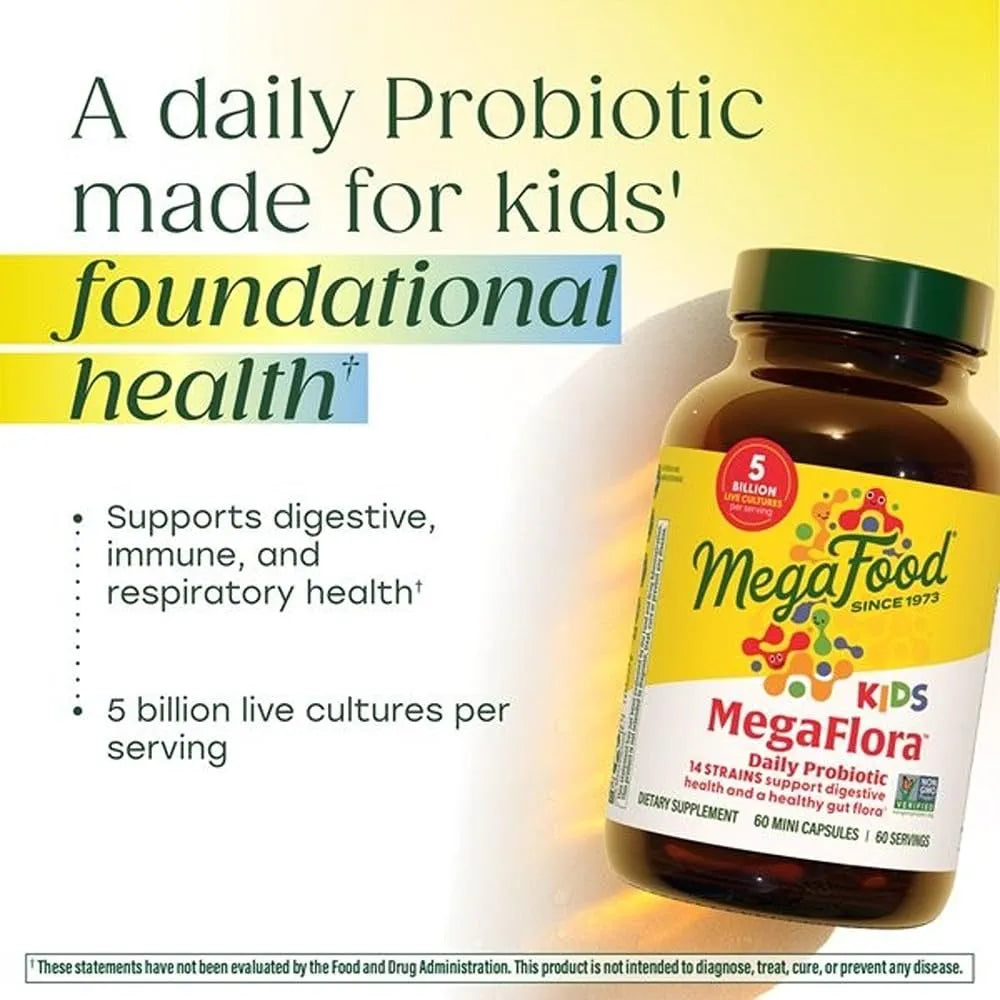 MegaFood MegaFlora Kids Probiotics - 5 Billion CFUs - Non-GMO, Vegetarian, Made Without 9 Food Allergens, Probiotics for Digestive Health- 60 Mini Capsules 