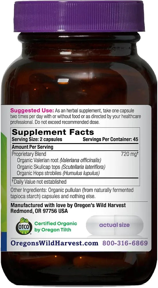 Oregon's Wild Harvest Muscle Relax Organic Herbal Supplement Vegan Capsules with Valerian, Hops and Skullcap - 90 Count