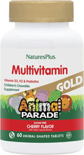 NaturesPlus Animal Parade Gold Multivitamin Children’s Chewables - Cherry Flavor - 60 Chewable Animal-Shaped Tablets - with Vitamin D3, K2 & Probiotics - 30 Servings