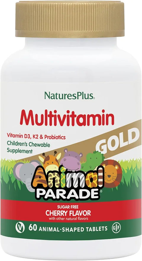 NaturesPlus Animal Parade Gold Multivitamin Children’s Chewables - Cherry Flavor - 60 Chewable Animal-Shaped Tablets - with Vitamin D3, K2 & Probiotics - 30 Servings