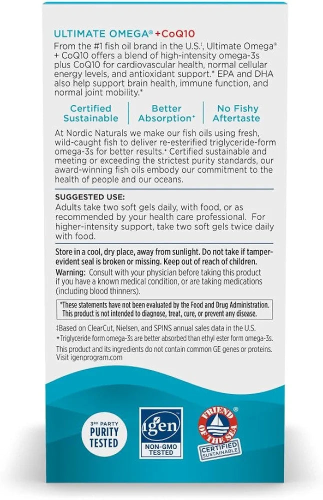 Nordic Naturals Ultimate Omega + CoQ10, Lemon - 120 Soft Gels - 1280 mg Omega-3 + 100 mg CoQ10 - Heart Health, Cellular Energy, Antioxidant Support - Non-GMO - 60 Servings
