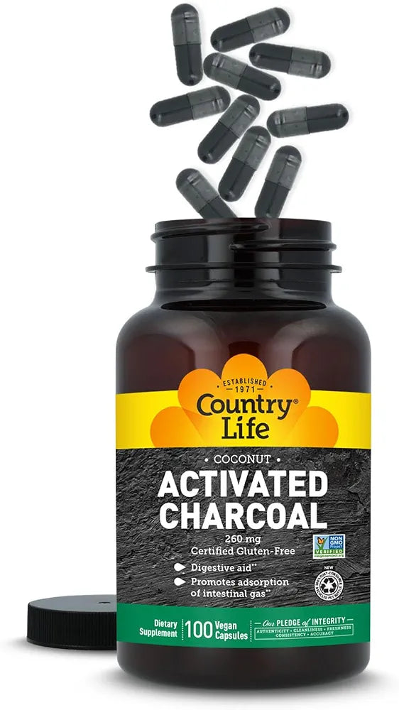 Country Life Coconut Activated Charcoal Capsules, 260mg – Natural Charcoal Supplement for Gas and Bloating Relief - Gluten-Free, 100 Vegan Capsules