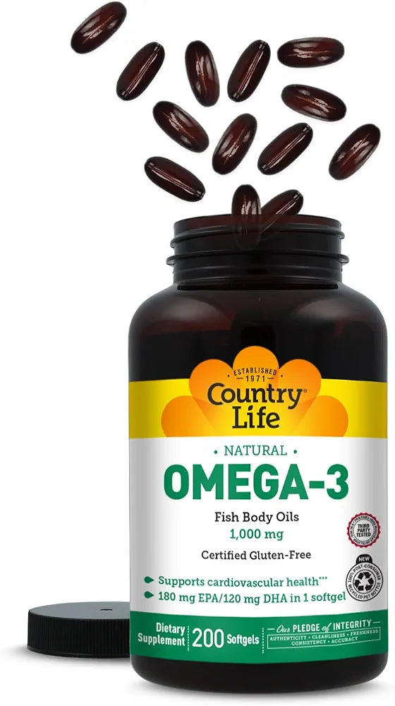 Country Life Omega-3 Fish Oil Supplement, 1000mg, 180mg EPA & 120mg DHA, Fish Oil Concentrate, Burpless, 200 Softgels, Certified Gluten Free