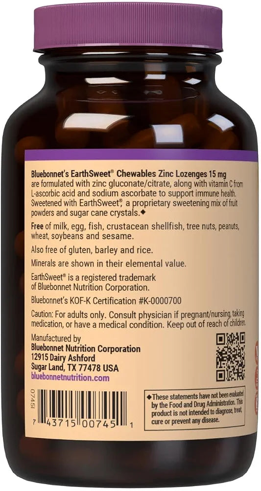 Bluebonnet Nutrition Earthsweet Zinc Lozenges 15mg Chewables, Plus 100mg of Vitamin C, Soy-Free, Gluten-Free, Kosher Certified, Dairy-Free, Vegan, Orange Flavored, 60 Lozenges