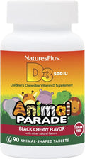 Natures Plus Animal Parade Sugar-Free Children's Vitamin D3 - 500 IU - Black Cherry Flavor - 90 Chewable Animal Shaped Tablets - Bone Health & Immune System Support - 90 Servings