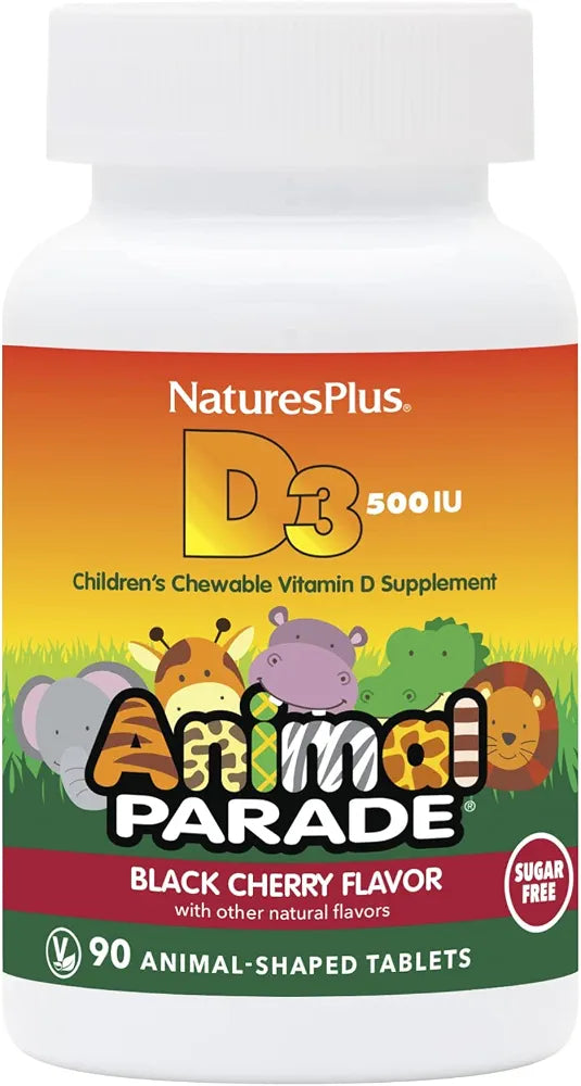 Natures Plus Animal Parade Sugar-Free Children's Vitamin D3 - 500 IU - Black Cherry Flavor - 90 Chewable Animal Shaped Tablets - Bone Health & Immune System Support - 90 Servings