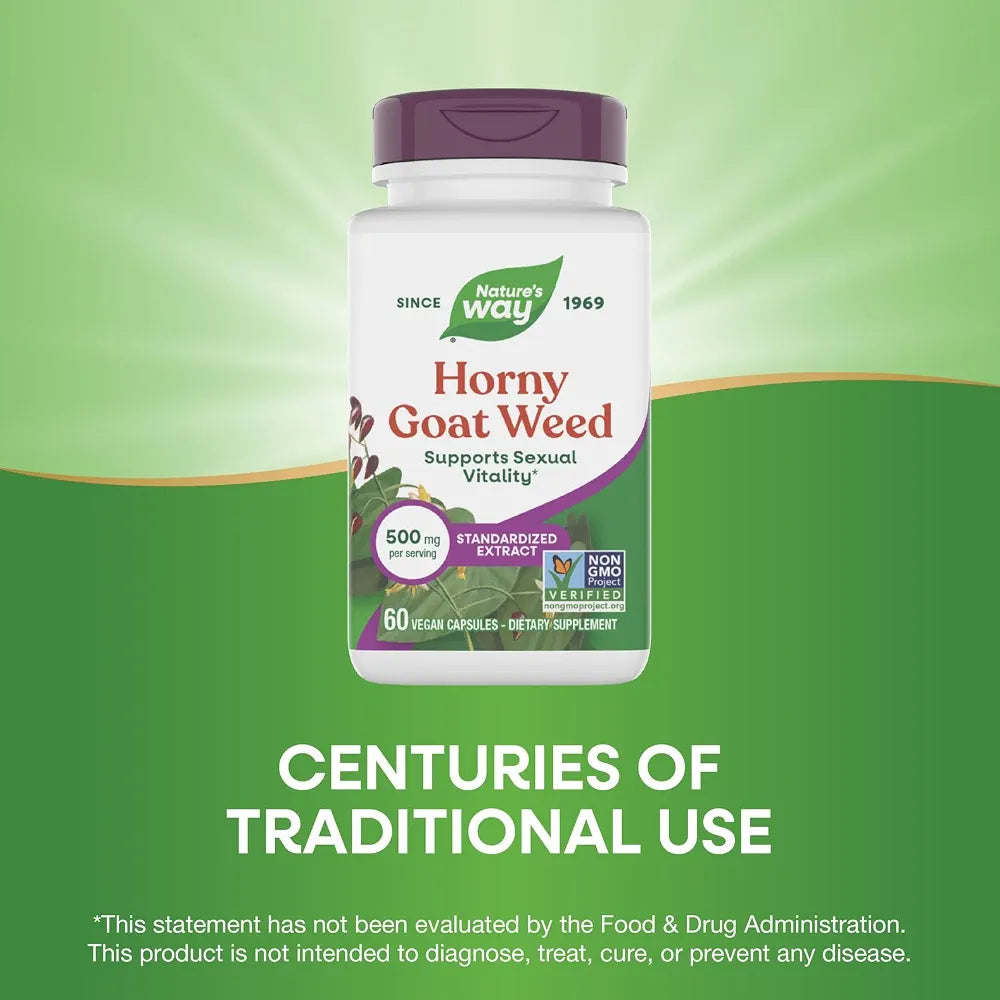 Nature's Way Horny Goat Weed, Standardized Extract, Supports Sexual Vitality*, 500 mg per Serving, Non-GMO Project Verified, 60 Vegan Capsules 
