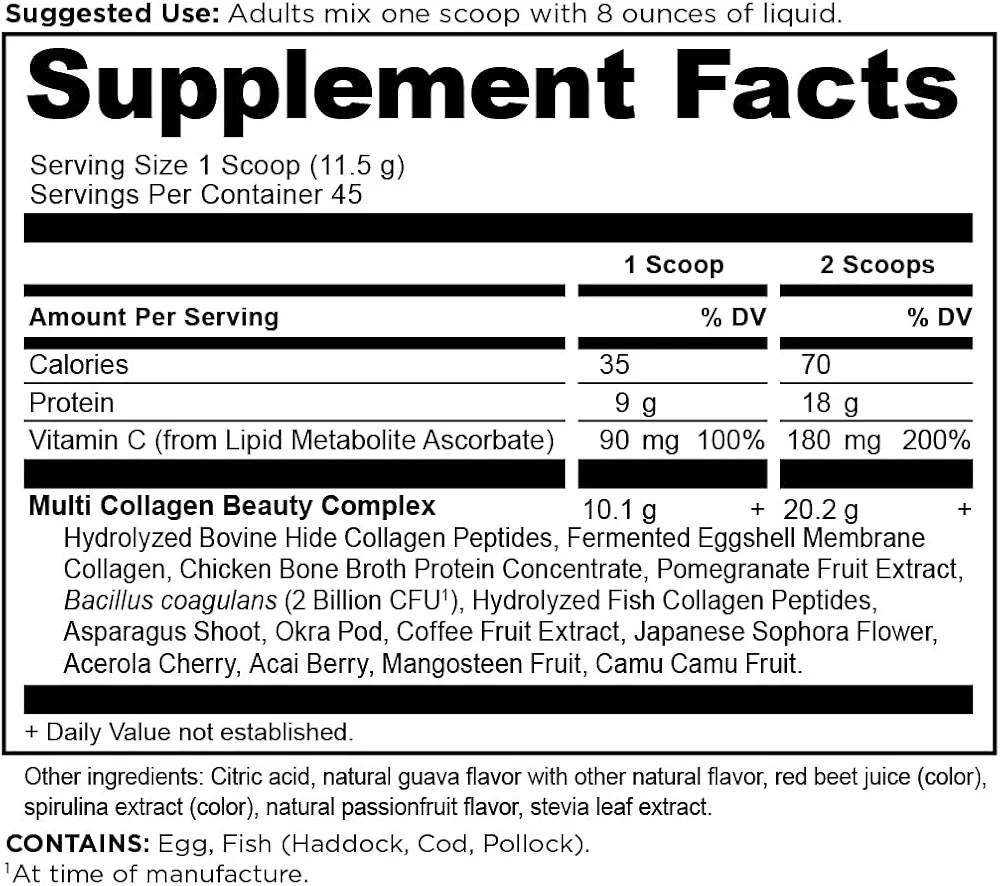 Ancient Nutrition Collagen Powder Protein, Multi Collagen Protein Beauty Within, Guava Passionfruit, with Vitamin C, Hydrolyzed Collagen Peptides Supports Healthy Skin and Nails, 18.3oz