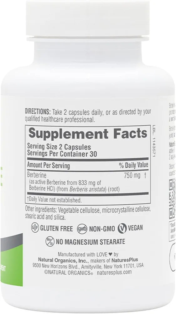 NaturesPlus PRO Berberine 750 mg - 60 Capsules - Supports Healthy Metabolism - Non-GMO, Vegan & Gluten Free - 30 Servings