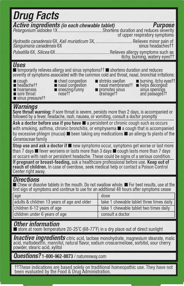 Nature's Way Umcka Allergy & Sinus Relief Chewables, Cherry, 20 ct