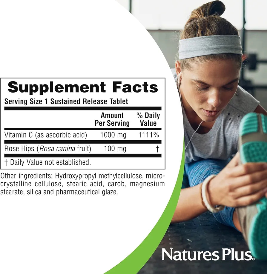 NaturesPlus Vitamin C 1000 mg with Rose Hips - 60 Sustained Release Tablets - Supports Immune Health, Energy & Antioxidant Protection - Vegetarian, Gluten Free - 60 Servings
