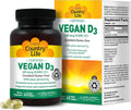 Country Life Vegan D3 5000 IU – Plant-Derived Vitamin D3 from Lichen – Certified Vegan, Gluten-Free, Non-GMO – Clean, Simple Formula – 60 Softgels