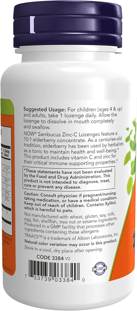 NOW Foods Supplements, Sambucus Zinc-C with Elderberry Concentrate and Vitamin C, 60 Lozenges