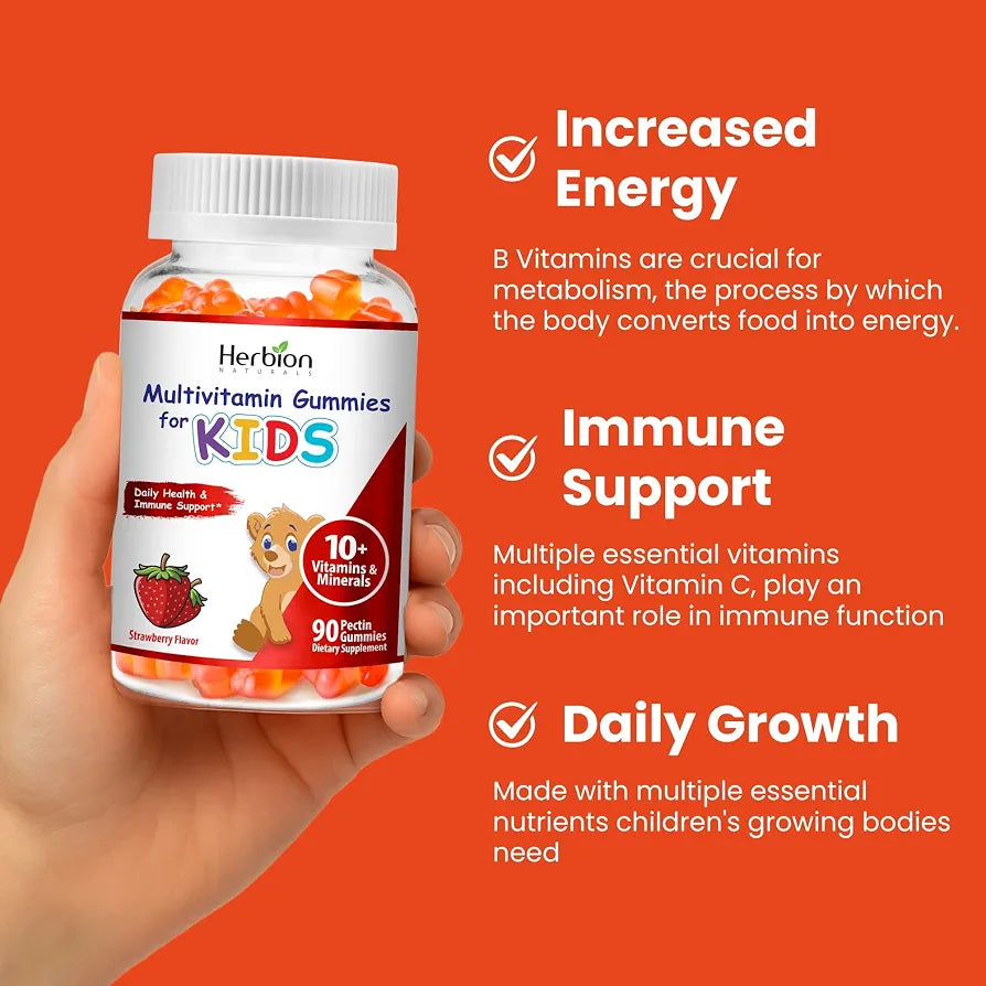 HERBION Naturals Multivitamin Gummies for Kids, Immune Support with Vitamin C, D3, B12, A, E & Zinc, Strawberry Flavor, Gluten Free, Vegan, Chewable Gummies for Vitality & Immunity, 90 CT, Pack of 1
