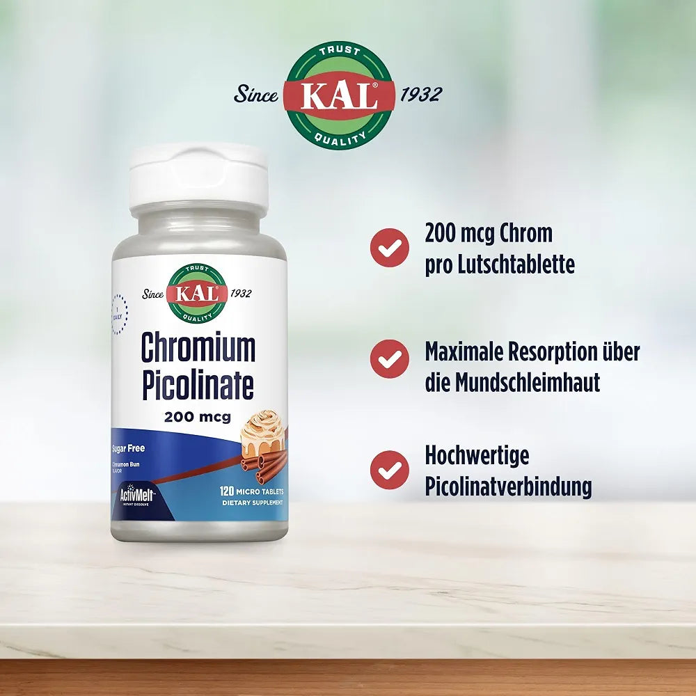 KAL Chromium Picolinate 200mcg Supplement, Healthy Metabolism Support, Fast Dissolving ActivMelts for Enhanced Absorption, Vegetarian, Sugar Free, Cinnamon Bun Flavor, 120 Servings, 120 Micro Tablets