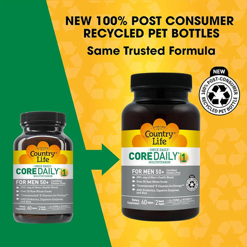 Country Life CORE Daily-1 Multivitamin for Men 50+ - Gluten-Free, Energy Support with Coenzymated B Vitamins, Probiotics, Whole Food and Digestive Enzymes, Certified Gluten Free, 60 Tablets