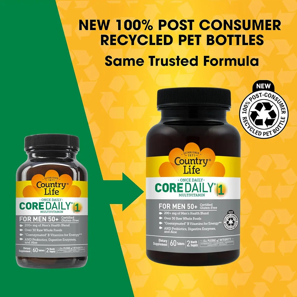 Country Life CORE Daily-1 Multivitamin for Men 50+ - Gluten-Free, Energy Support with Coenzymated B Vitamins, Probiotics, Whole Food and Digestive Enzymes, Certified Gluten Free, 60 Tablets