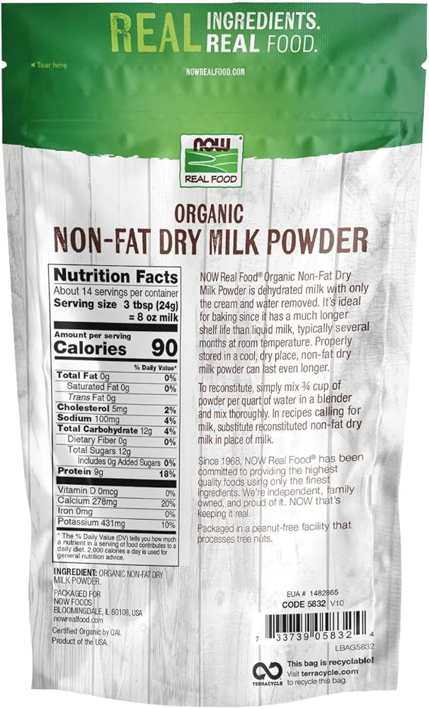 NOW Foods, Organic Non-Fat Dry Milk Powder with Protein and Calcium, Product of the USA, 12-Ounce