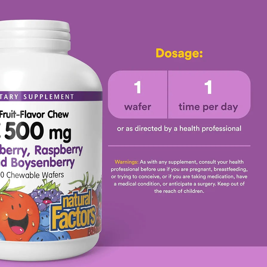 Natural Factors, Kids Chewable Vitamin C 500 mg, Supports Immune Health, Bones, Teeth and Gums, Blueberry, Raspberry and Boysenberry, 90 Count 