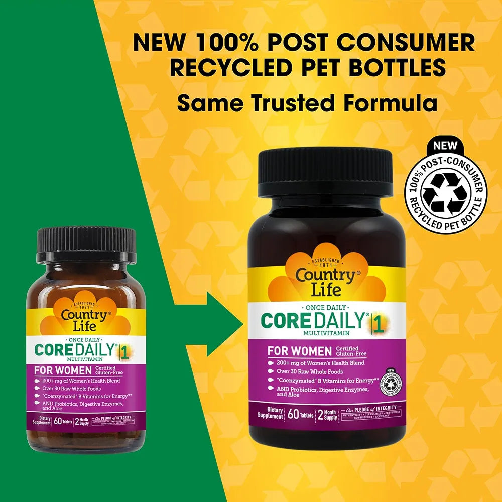 Country Life Women’s Core 1 Daily Multivitamin with Iron, Cranberry, Probiotics, and Digestive Enzymes-Certified Gluten-Free Formula for Energy, Immune Support and Complete Digestive Health,60 Tablets