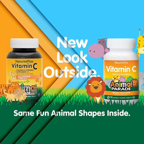 NaturesPlus Animal Parade Vitamin C Children's Chewable - Natural Orange Juice Flavor - 90 Animal-Shaped Tablets - Vegan, Vegetarian, Gluten Free - 45 Servings