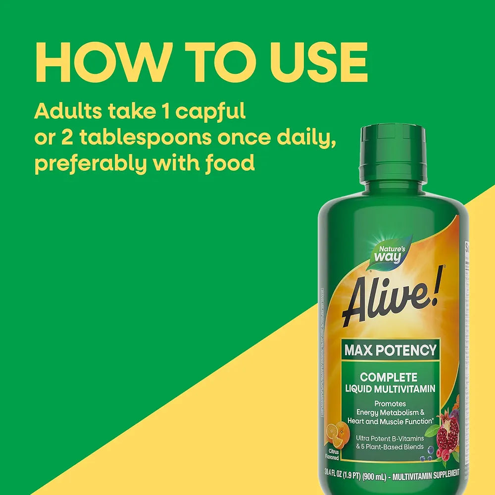 Nature's Way Alive! Max Potency Complete Liquid Multivitamin, Liquid Vitamin Promotes Energy Metabolism, Heart & Muscle Function* with Vitamins A, B, C, D, Multivitamins for Women & Men, 30.4 Fl Oz