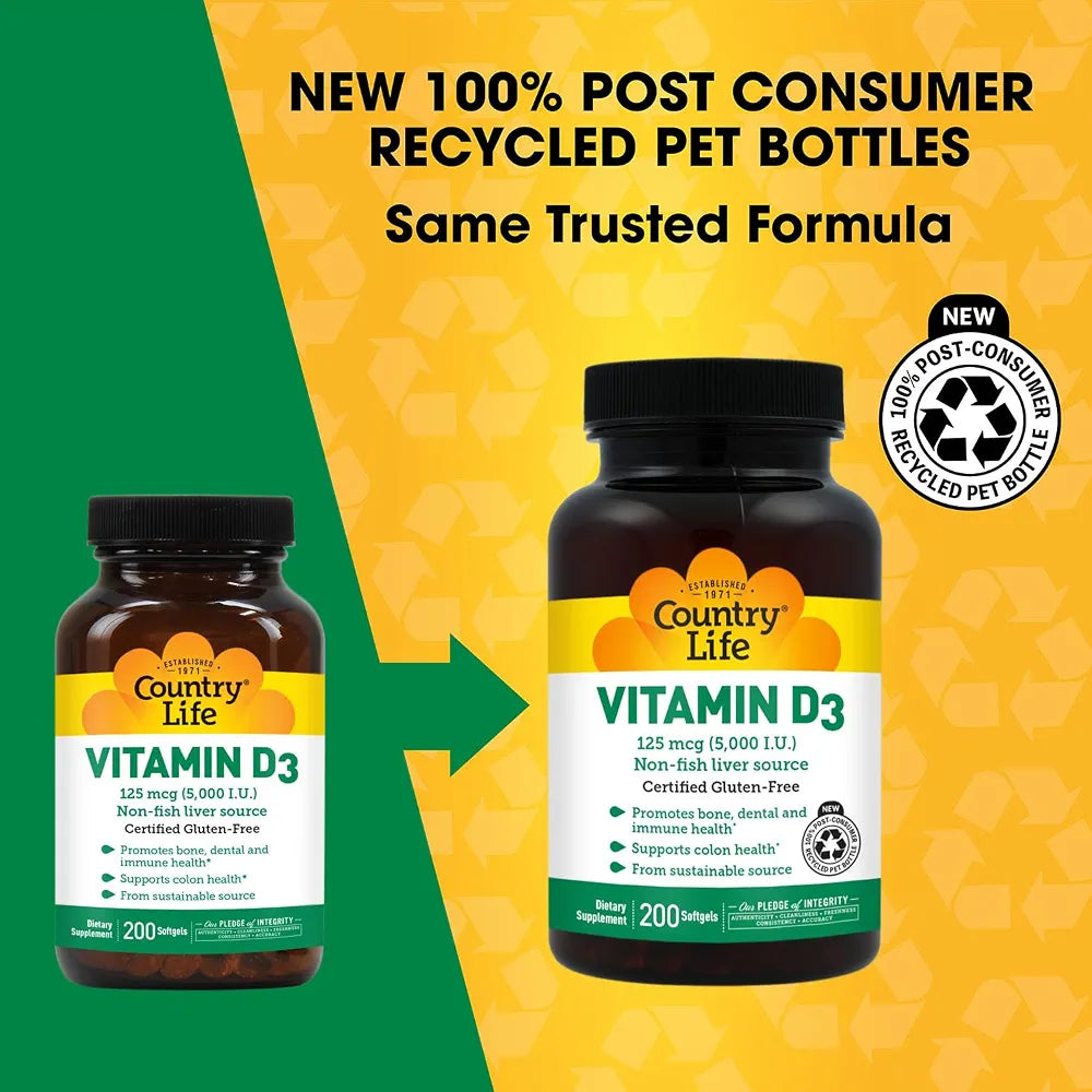 Country Life Vitamin D3 5000 IU for Immune and Bone Health, Calcium Absorption, and Colon Health - Sustainable Source from Lanolin, Available in Various Strengths