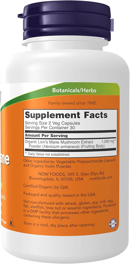 NOW Foods Supplements, Lion's Mane 500 mg, Super Mushroom, Made with Organic Lion's Mane Mushrooms, 60 Veg Capsules
