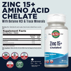 KAL Zinc 15mg Plus Betaine HCl and Trace Minerals - Zinc Supplements for Men and Women - Immune Support, Cellular Function, Skin Health Support - Vegan, Gluten Free, Ideal for Daily Use - 100 Tablets