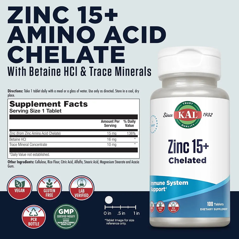 KAL Zinc 15mg Plus Betaine HCl and Trace Minerals - Zinc Supplements for Men and Women - Immune Support, Cellular Function, Skin Health Support - Vegan, Gluten Free, Ideal for Daily Use - 100 Tablets