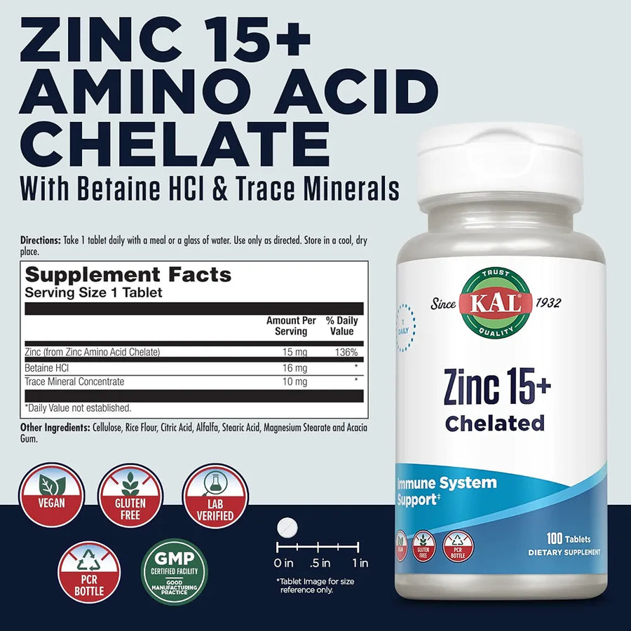 KAL Zinc 15mg Plus Betaine HCl and Trace Minerals - Zinc Supplements for Men and Women - Immune Support, Cellular Function, Skin Health Support - Vegan, Gluten Free, Ideal for Daily Use - 100 Tablets