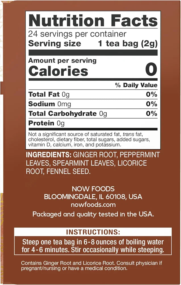 NOW Foods, Give a Tea Ginger Mint Comfort Tea, Caffeine-Free, Calming, Tummy-Pleasing, 24-Count
