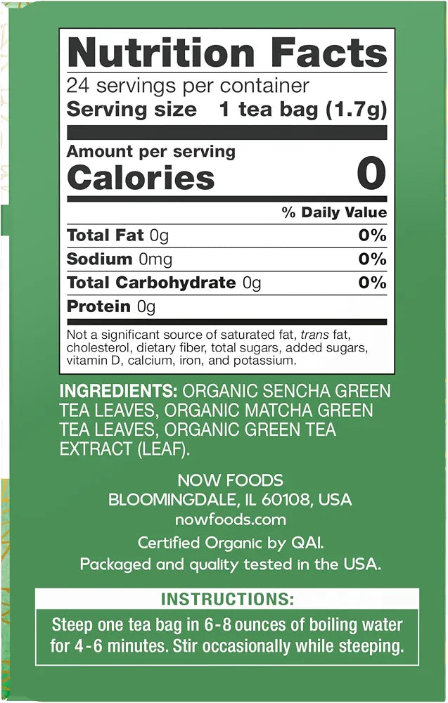 NOW Foods, Certified Organic Green Kick Tea, with Polyphenols, Premium Unbleached Tea Bags with No-Staples Design, No Added Colors, Preservatives, Flavors, or Sugars, 24-Count