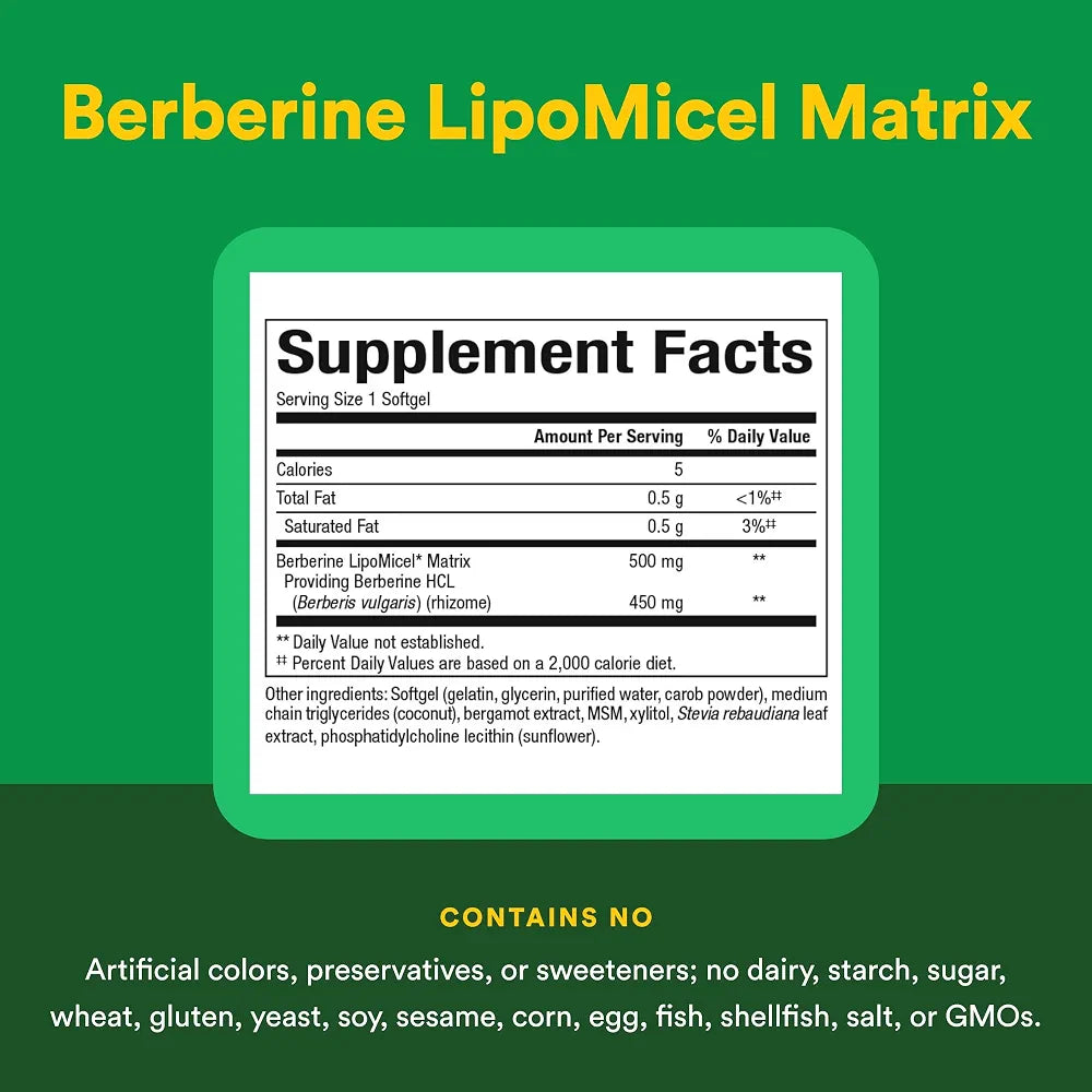 Natural Factors Berberine LipoMicel Matrix - Daily Supplement Supports Metabolic Health - Formula Supports General Health - Gluten-Free & Dairy-Free - 60 Liquid Softgels 