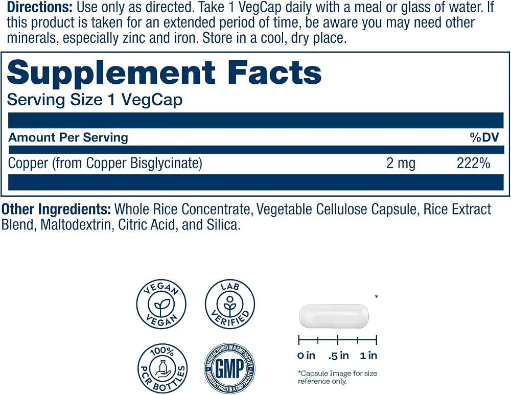 Solaray Copper 2mg - Chelated Copper Supplements for Women and Men, Essential Trace Mineral Pills from Amino Acid Chelate Complex for Overall Health Support - 100 Vegan Capsules