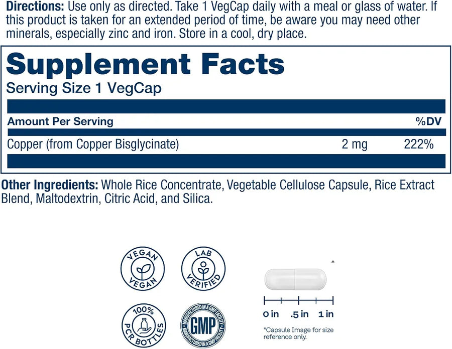 Solaray Copper 2mg - Chelated Copper Supplements for Women and Men, Essential Trace Mineral Pills from Amino Acid Chelate Complex for Overall Health Support - 100 Vegan Capsules